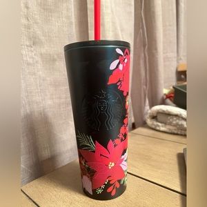 Starbucks 2021 Black Metal Poinsettia Holiday Tumbler